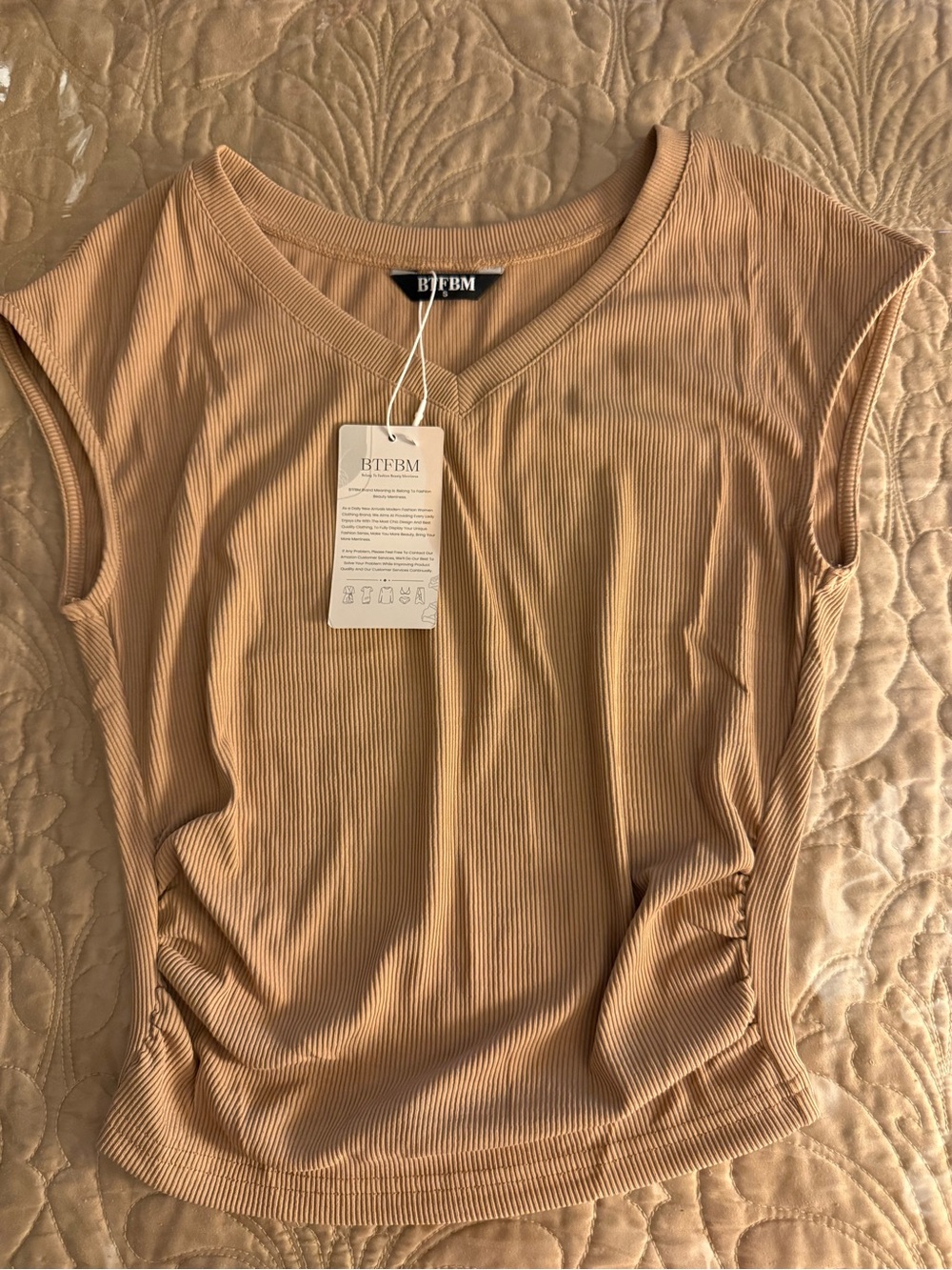 BTFBM Women's Ribbed V-Neck Tank in Camel Tan